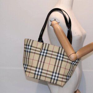BURBERRY Nova Check Hand Bag PVC Beige Silver Auth